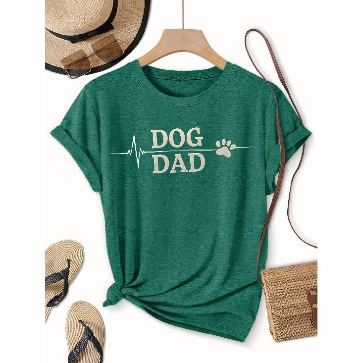 Single-piece women s short-sleeve shirt T Shirt Dog Dad Heartbeat Paw Print Text Print Casual Crew Neck Top Suitable for wear in spring, summer, and S темно-зеленого