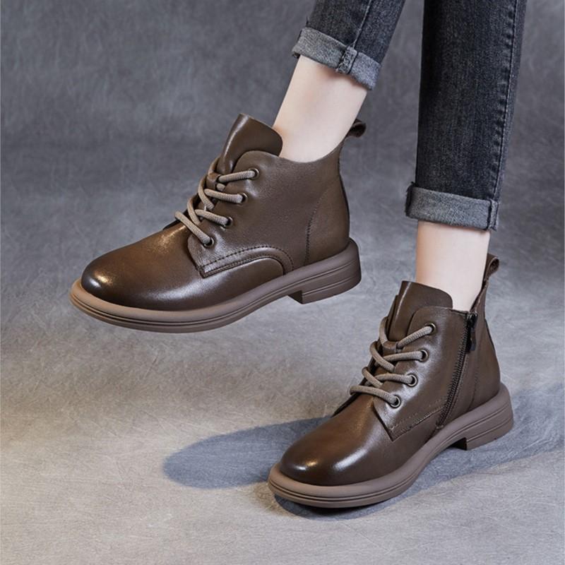 Johnature Botas de couro genuíno estilo britânico com cadarço e sola macia, botas curtas, sapatos femininos de cor sólida