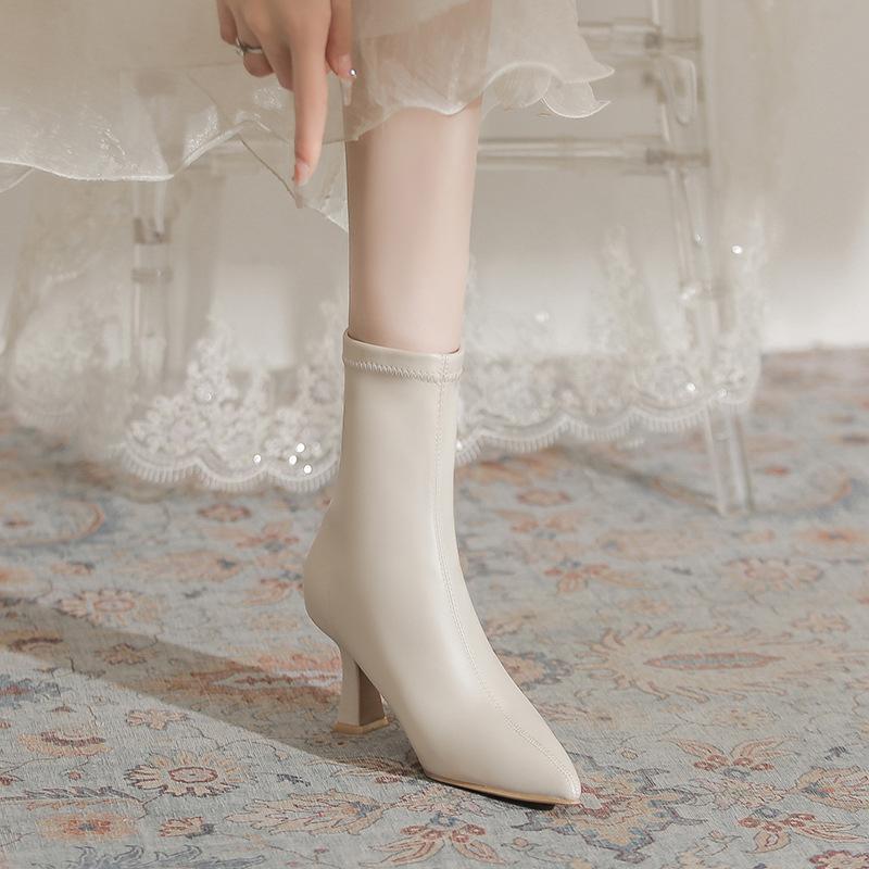 Dünner Absatz kurze Stiefel Damen neu Herbst und Winter 2025 spitz zulaufend Temperament schlicht einfarbig Reißverschluss hinten mittelhohe Stiefel machen nicht müde