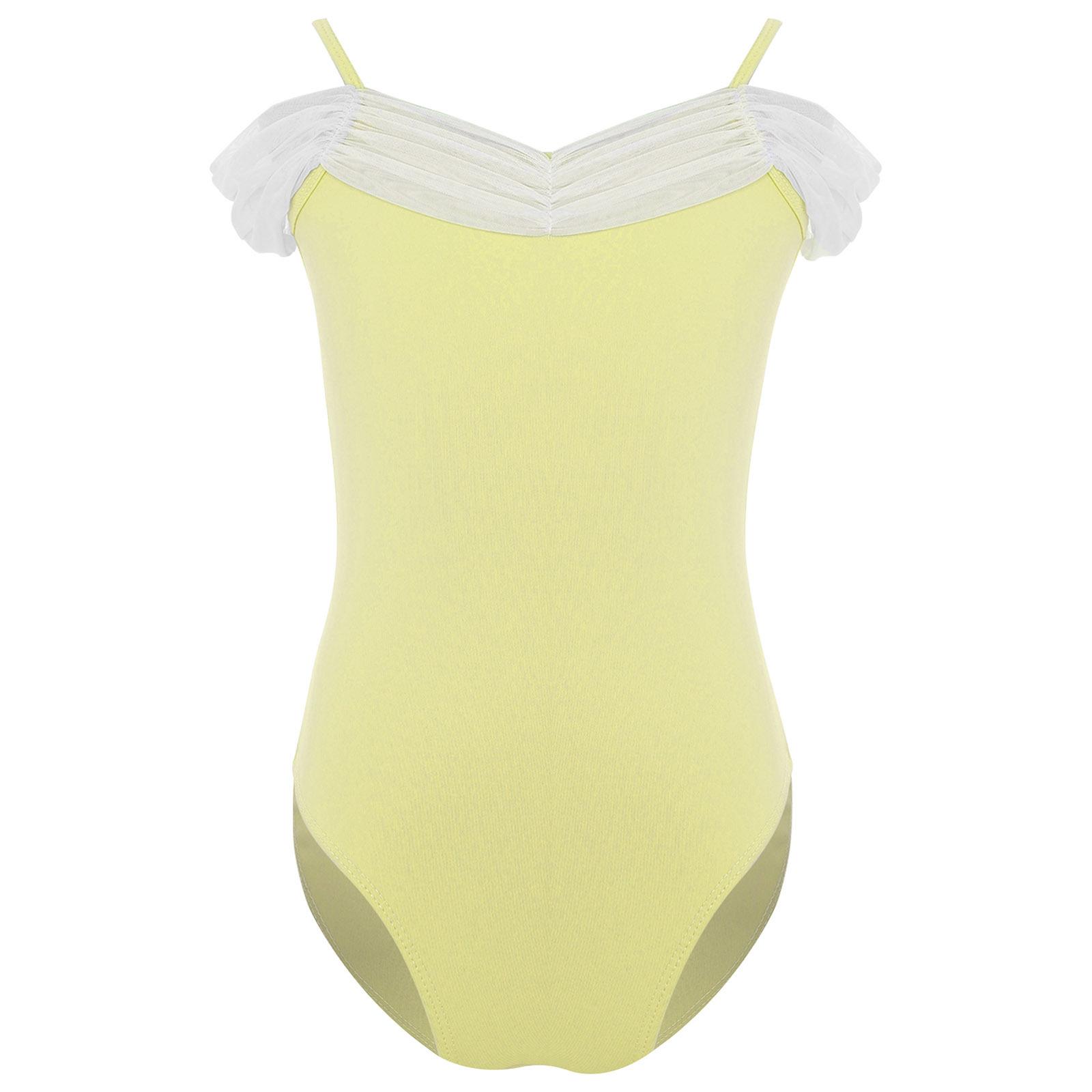 

Girls Ballet Gymnastics Performance Leotard Butterfly Back Design Ruched Mesh Collar Spaghetti Straps Dancewear 5-6 Years