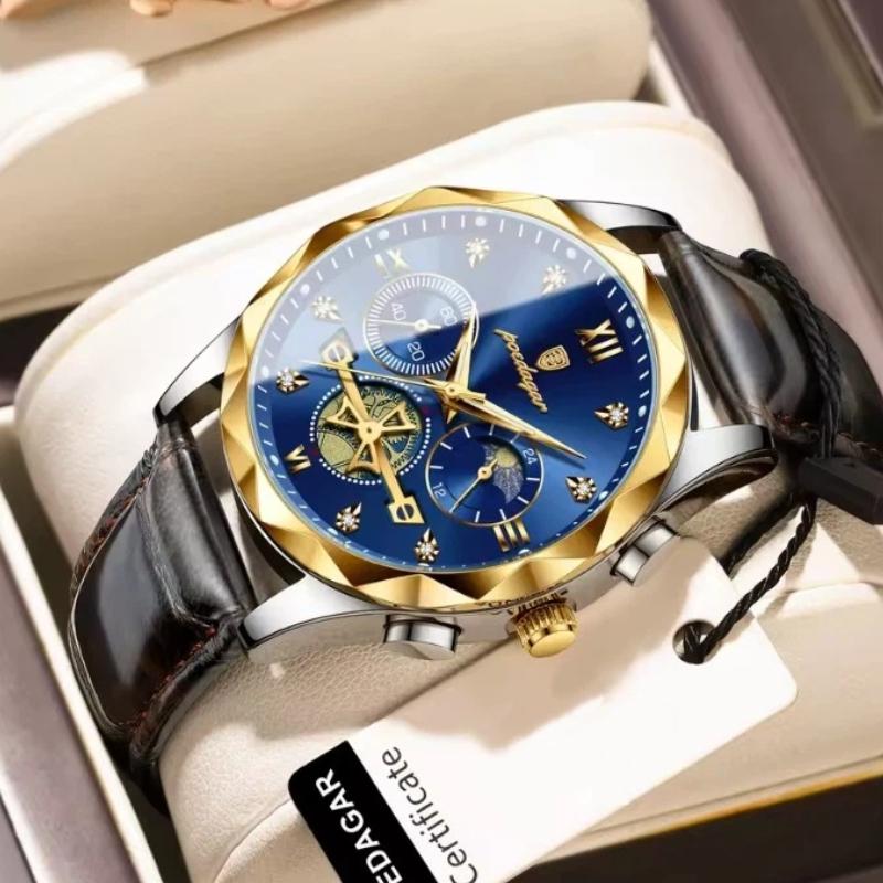 POEDAGAR Luxus-Armbanduhr für Herren Sport Leder Quarz-Uhr Wasserdicht Leuchtend Chronograph Uhren Männliche Uhr Reloj+Box