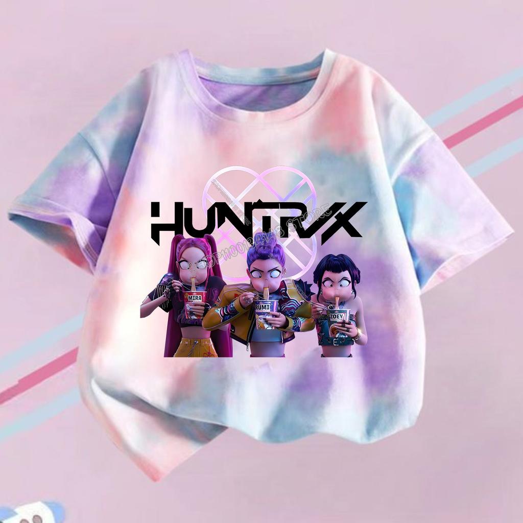 KPop Dämonenjäger T-Shirt für Kinder Lila Batik T-Shirt Top Mädchen Rundhals Kleidung Kurzarm Kinder Sommerkleidung Geschenk