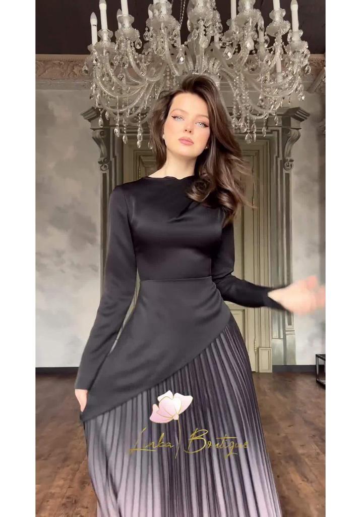 2024 Autumn Gradient Tie-dye Slimming Pleated Long Dress for Women