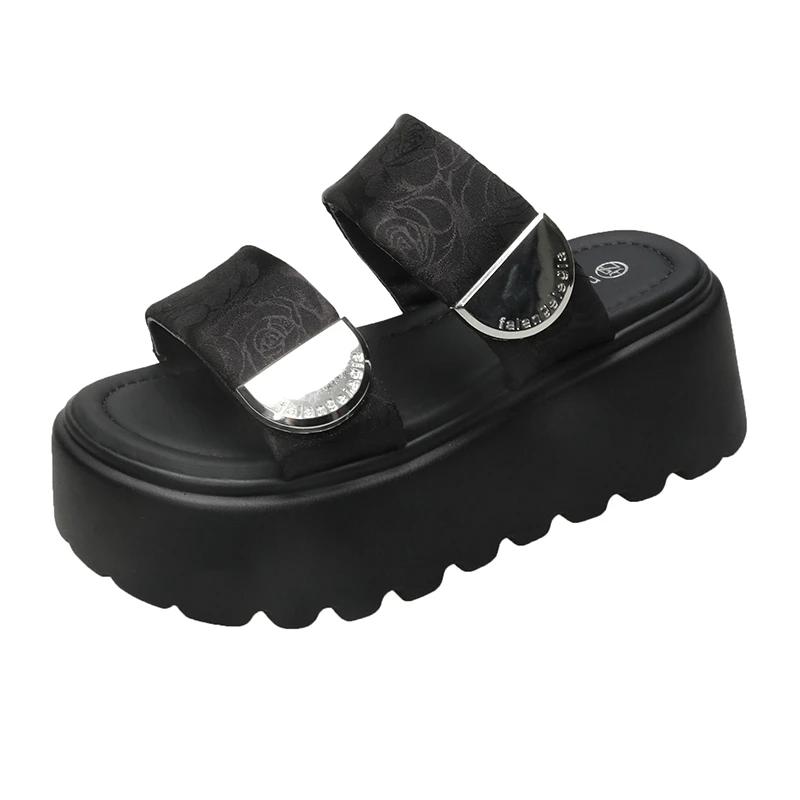 

Модные женские летние шлепанцы на высокой платформе 7,5 см, парусиновые клиновидные шлепанцы, милые сандалии на толстой подошве с открытым носком, пляжные шлепанцы 34