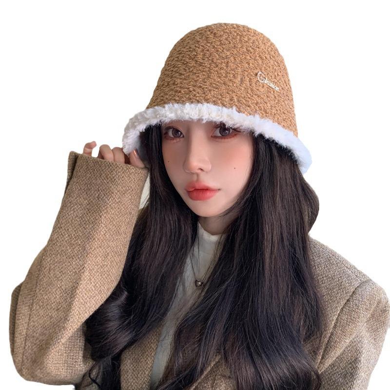 Korean Version of Autumn and Winter New Hat for Women with High End Metal Plush Fisherman Hat for Winter Thermal Basin Hat Bucket Hat Thick