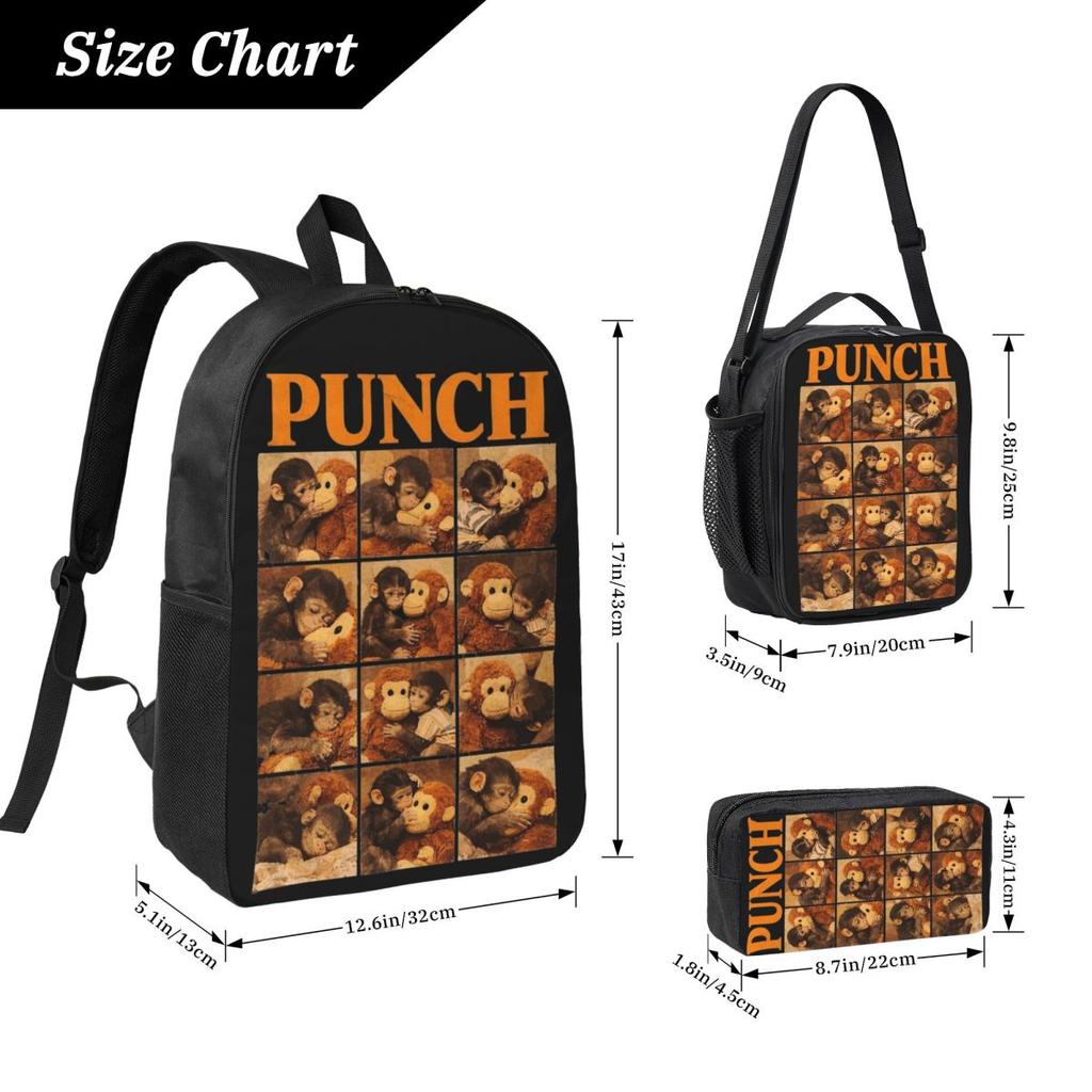 3Pcs Punch Baby Monkey Holding Plush Toy Prints School bags Set for Girls Boys Pen Bags Backpack Sets with Lunch Box