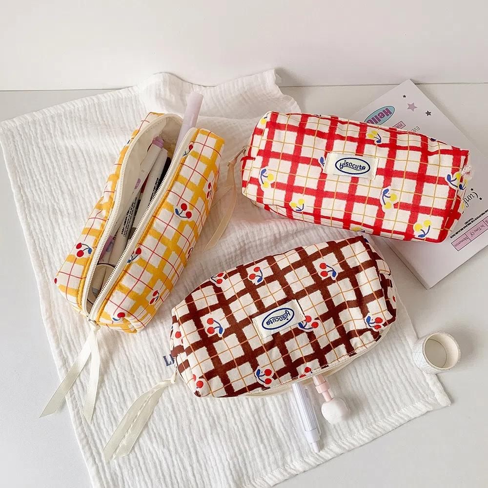 Checkered Cartoon Cherry Korean Pencil Bag Cosmetics Storage Stationery Storage Bag  Student