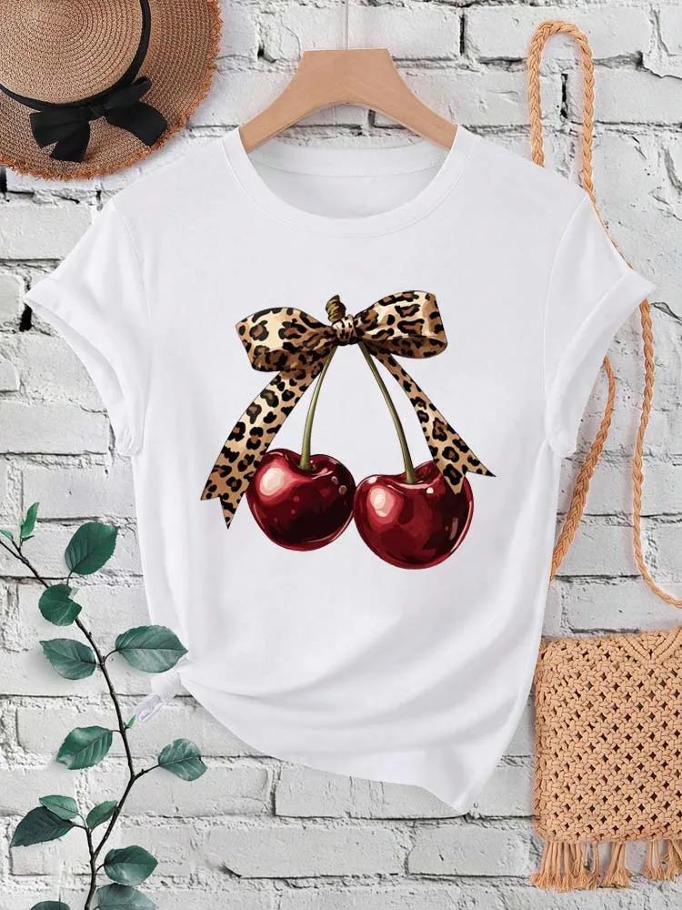 2026 New Summer Women T Shirt Fashion Cherry Bow Print Short Sleeve TShirts Casual Streetwear Clothes Tops Women Clothing S