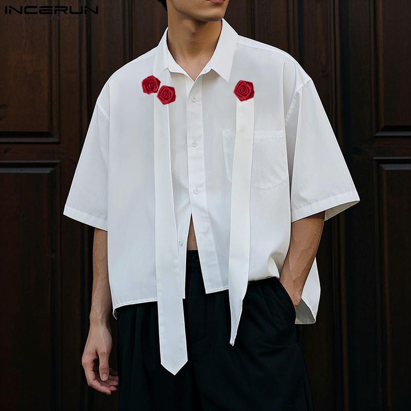 

INCERUN Oversized Men Lapel Neck Short Sleeve Flowers Causal Tassel Shirts