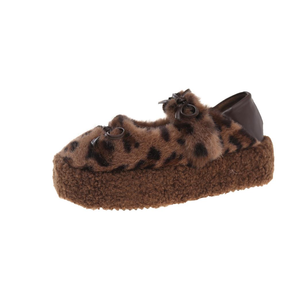 Internet Celebrity Bow Korean Version Ladyshoes High Sense Beautiful Hair Shoes Leopard Print 2025 New Velvet Bean Non-slip Cotton Shoes