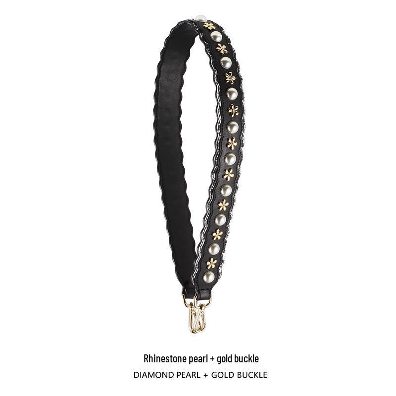 

Аксессуар плечевой ремень с волнистым краем из черного жемчуга и бриллиантов - Широкий ремень для сумки из коровьей кожи продается отдельно