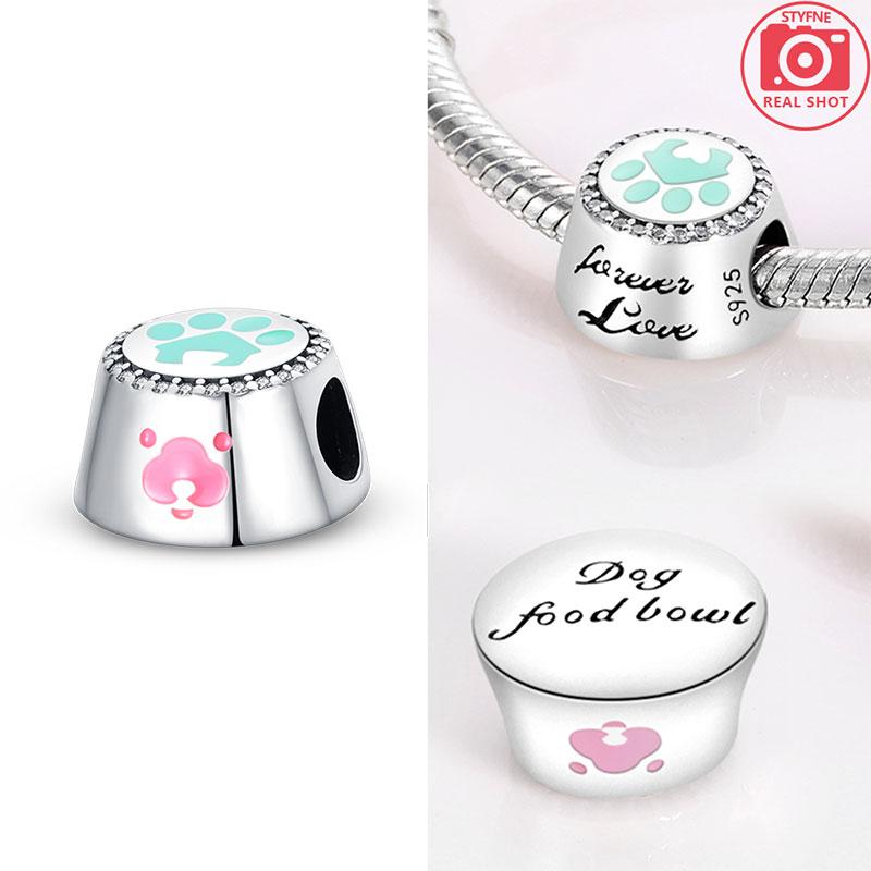 

925 Silver Pink Cute Pet Charms Cat Bone Claw Printed Beads Pendant Fit Women Fine DIY Birthday Jewelry Exquisite Gifts