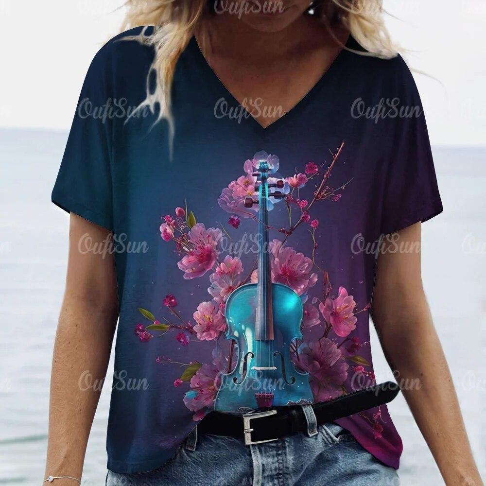 Aesthetic V Neck Women T-Shirts Guitar Graphic Fashion Short Sleeve Harajuku Y2k Floral Tops Oversized Casual Tee Female Clothes