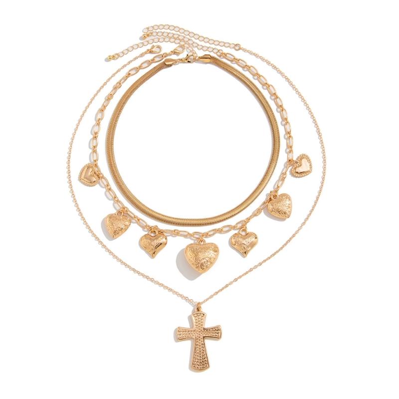 3pcs Gold Crosses And Heart Pendant Necklace Set Crosses Pendant Necklace Podgy Heart Charm Neck Chain For Women 1