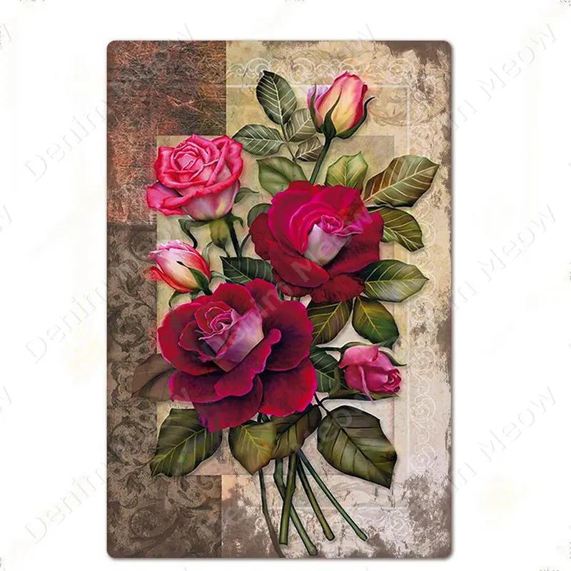 Blumen Retro Metallschild für Hinterhof Schlafzimmer Dekorationen, Rosen Wandkunst Poster, Lavendel Vintage Blechschild, Liebesgeschenk für Frau