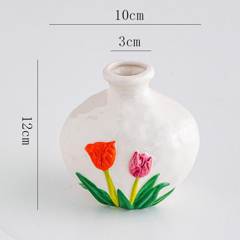 Ceramic Vase Embossed Tulip Colorful Flower Pattern Flower Vase Floral Arrangement Accessories Home Decoration Accessories