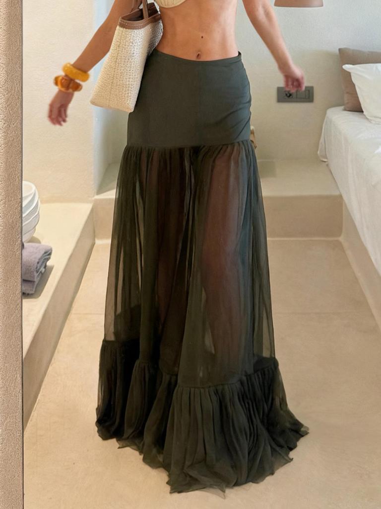 Elegant French Mesh See-through Long Skirt in Solid Color