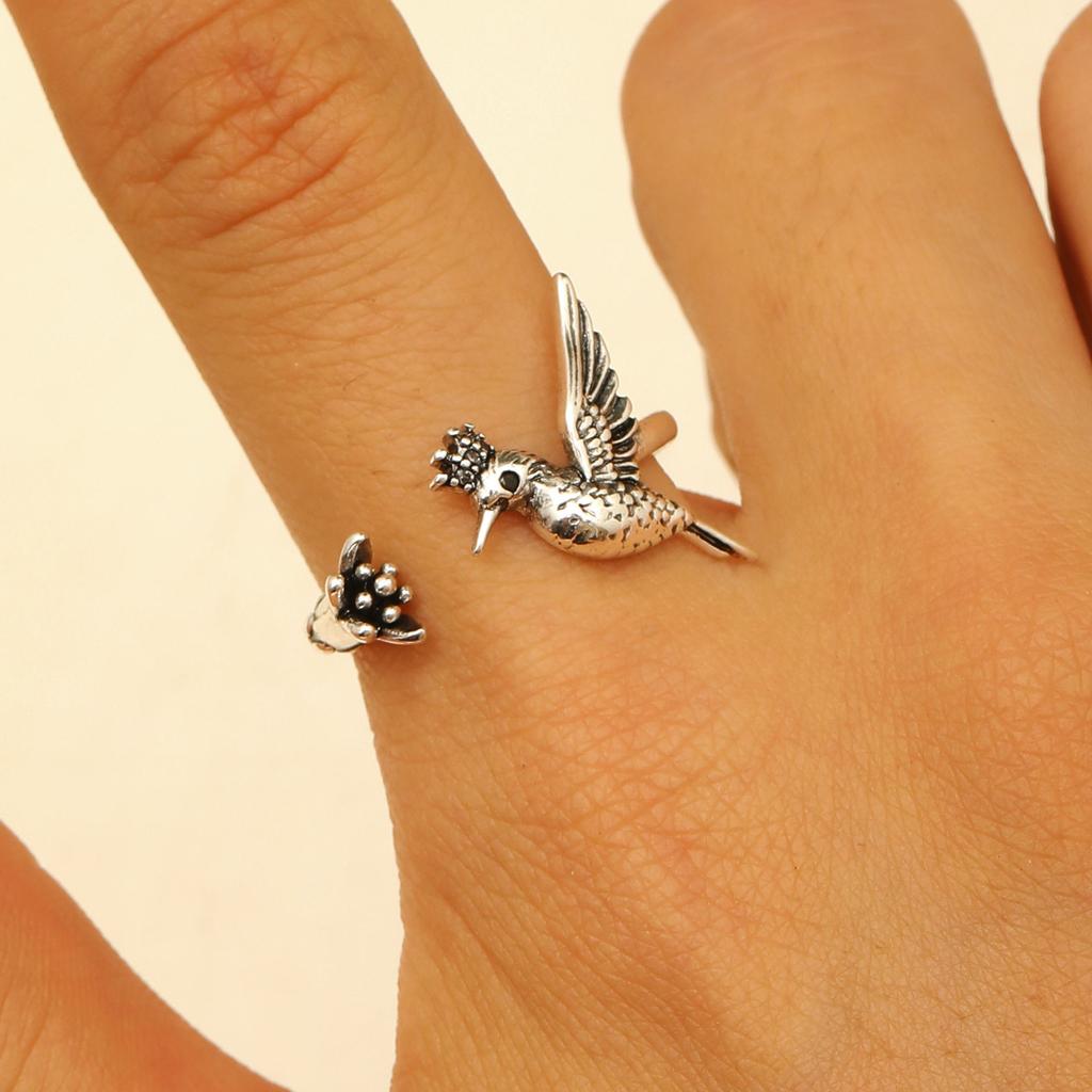 Hummingbird & Flower Open Ring Collection, Gold/Silver Tone Adjustable Gemstone Bird Rings for Women