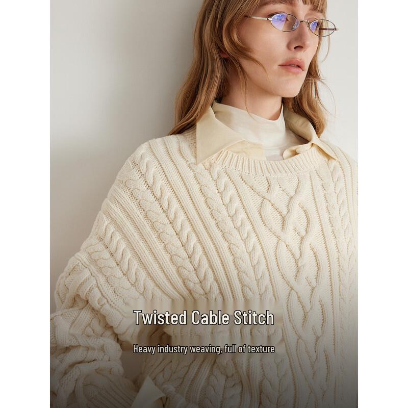 ELLE Women's Cable Knit Round Neck Sweater
