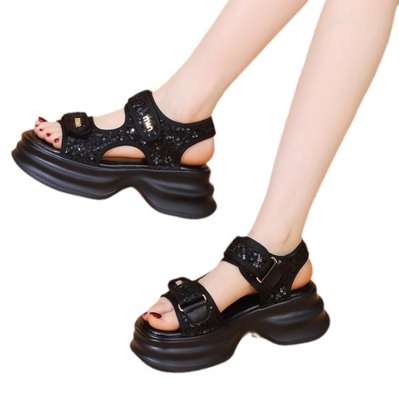 Sports Sandals Women's Summer New Heightening Velcro Sweet Sequins Casual Platform Beach Shoes