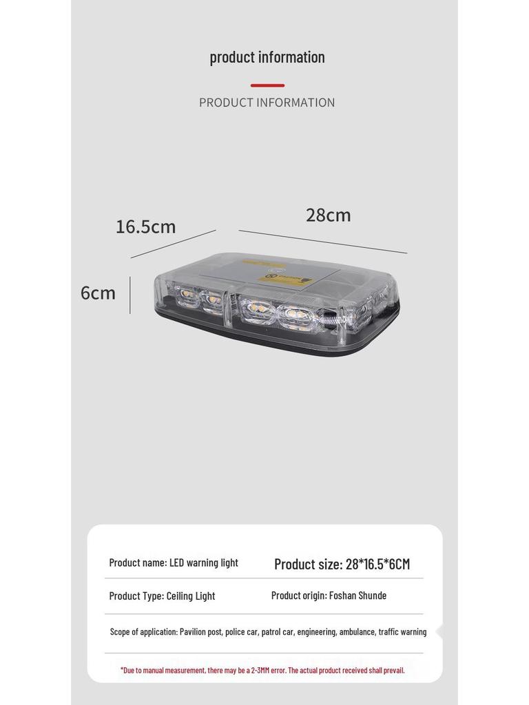 Ceiling-Mounted High Brightness Red & Blue Strobe Warning Light, Magnetic, 12V, 36 LEDs, Short Row for Cars