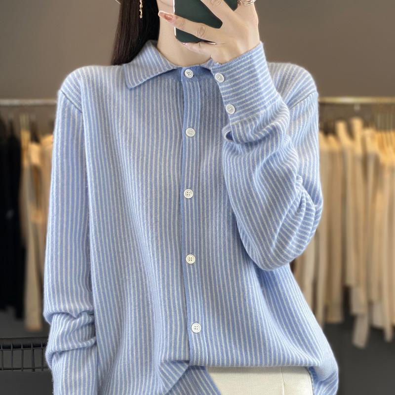 

Soft waxy and skin-friendly PO collar Andy fleece knitted cardigan women s color matching striped casual loose long-sleeved button-down jacket average size