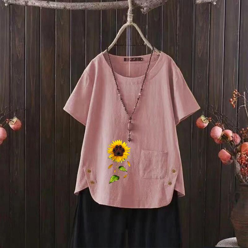 Moda Donna Girasole Stampato Estiva Casual Larga Manica Corta T-shirt Bluse Estive Top