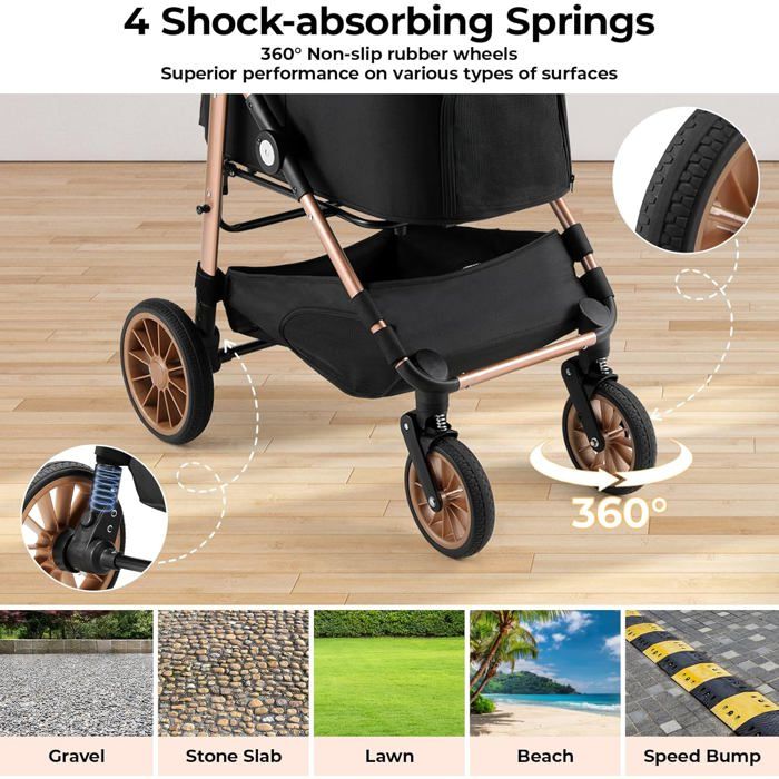 Poussette chien chat 4-en-1 pliable jusqu’à 25 kg, roues 360° amorties, transport animal, poussette tout-terrain confortable