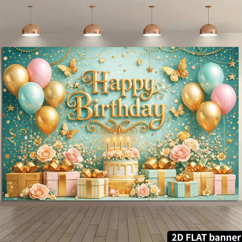 2D Teal Gold Birthday Backdrop Pink Rose Flower Butterfly Photo Background