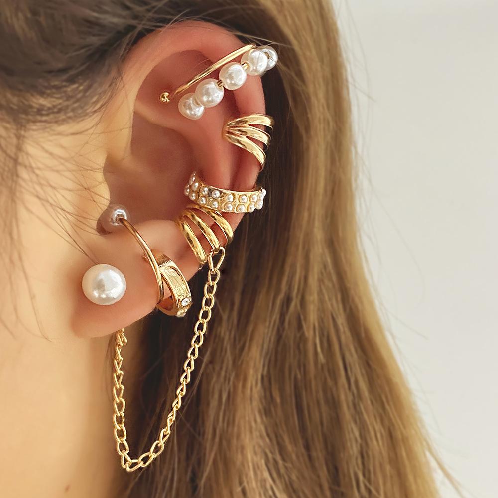 8pc Imitation Pearl Ear Clip Set Hip Hop Style Women's Earrings Non-piercing False Cartilage Ear Contour Fringe Chain Jewelry