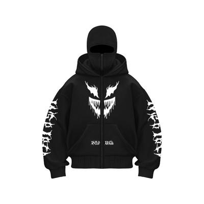 Jaqueta masculina Outono e Inverno diabo Estampado zíper de cabeça dupla Com capuz Lã Versátil Esportivo Casual Solto Moletom com capuz