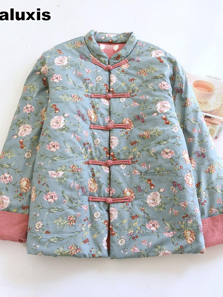 Handmade Pure Cotton Floral Winter Women's Chinese Style Embroidered Loose Flower Retro Traditional Collar Warm Coat