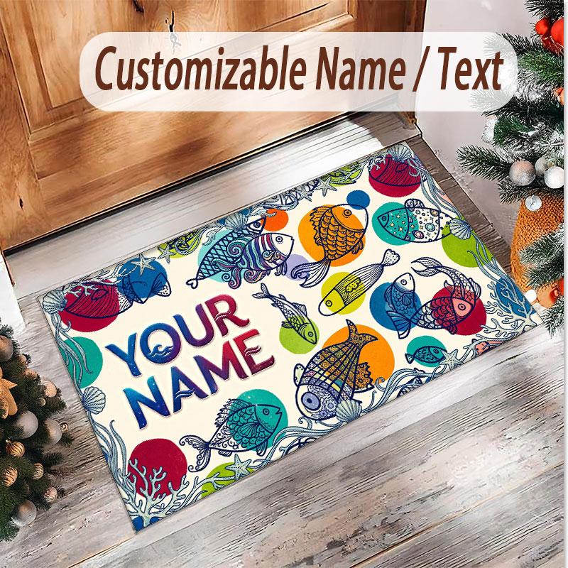 Fish Ocean Theme Soft Crystal Velvet Rug Custom Name & Text Print Non Slip Floor Rug for Bedroom Living Room