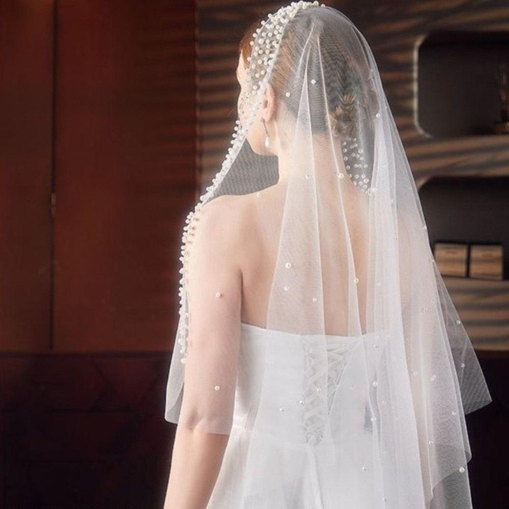 130cm Pearls Tulle Bridal Veil Vintage Waist Length Drop Veil Long Wedding Veil  Wedding Dress