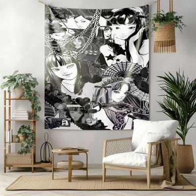 Anime Girl Black White Art Wall Tapestry Machine Washable All Season Decor Print Gothic Fashion Design Home Durable Materials