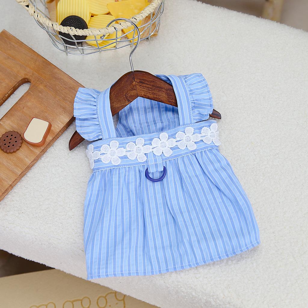 Spring and Summer Dog Clothing Vertical Bar Doll Skirt Pastoral Small Fresh Lace Suspender Teddy Bigbear Small Dog Clothing