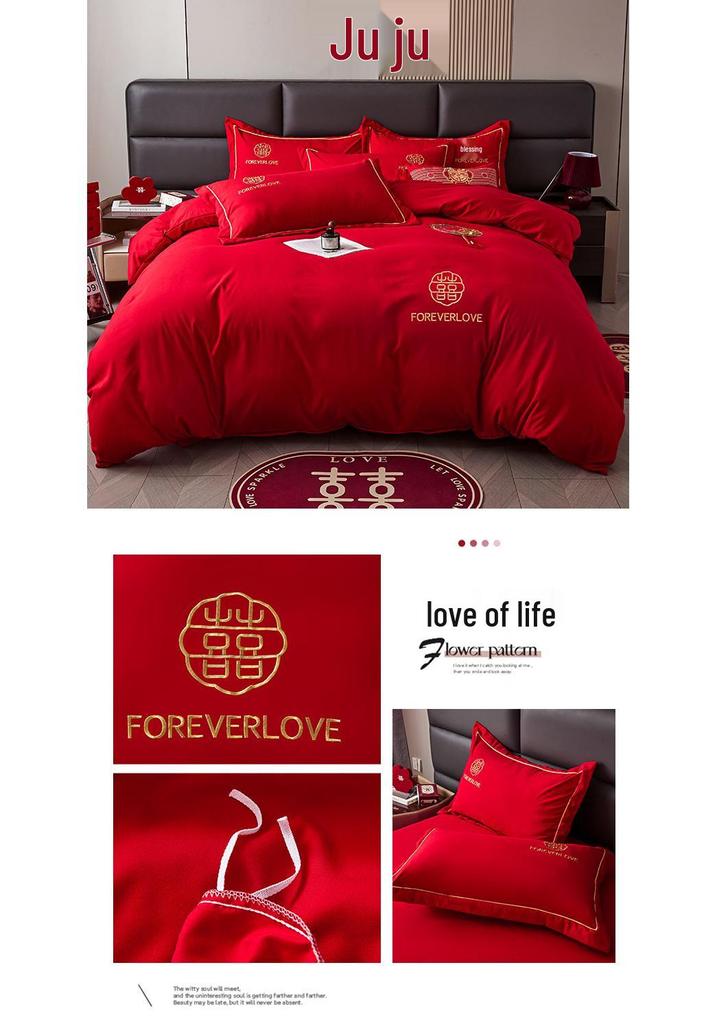 Red Embroidered Wedding Bedding Set: Duvet Cover, Bed Sheet, Pillowcase & Bed Skirt.