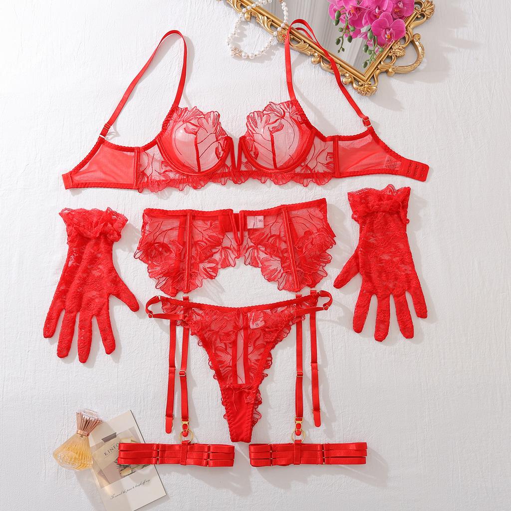 Sexy Lace Exotic Lingerie Sets Women'S 5 Piece See Through Mesh Floral Bra Garter Set With Gloves Exquisite Sensual Underwear
