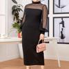 Mujer primavera otoño OL Commuter Panel de malla medio cuello alto transparente cadera vestido largo L-4XL
