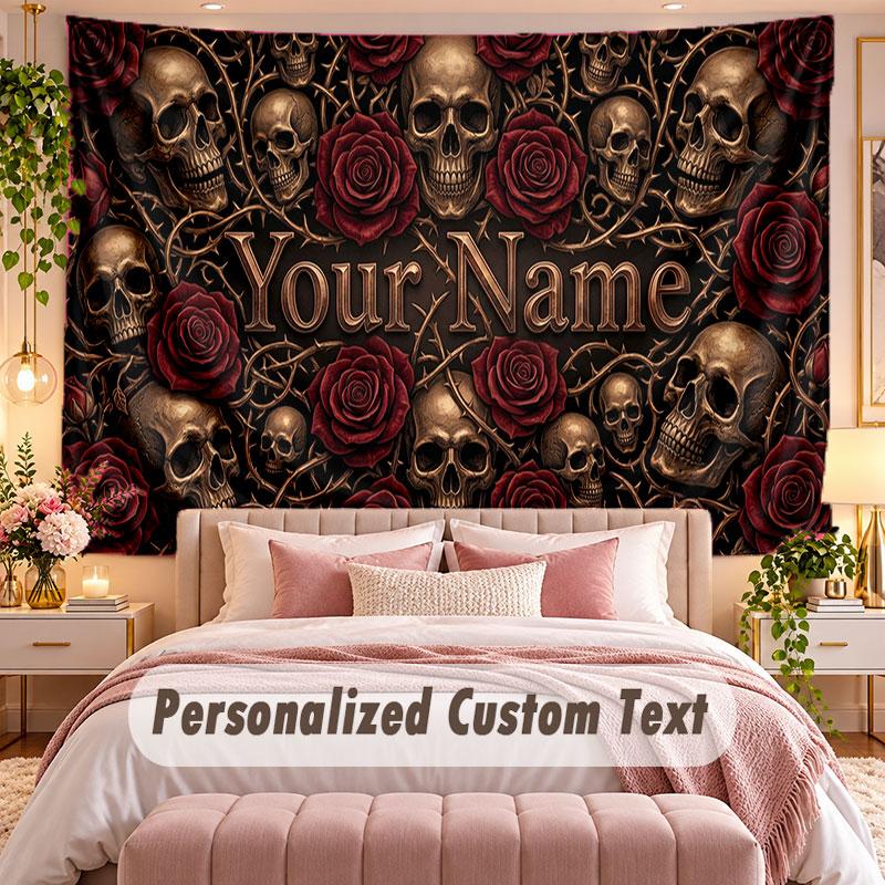 Skull Gothic (347) Theme Wall Tapestry Customized With Name Text Personalized Hanging Tapestry For Bedroom Living Room Decor