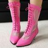 Pink Mid-calf Boots Women Low Heels Ladies Mesh Black 2025 New Summer Shoes Lace-up Long Party Dance Boots Breathable Spring