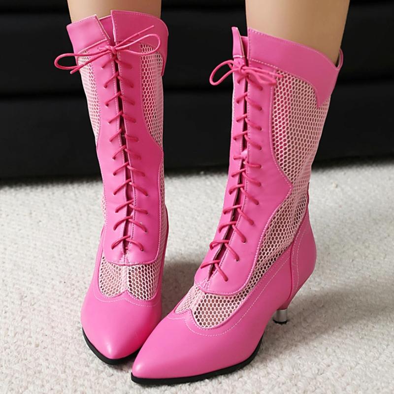 Pink Mid-calf Boots Women Low Heels Ladies Mesh Black 2025 New Summer Shoes Lace-up Long Party Dance Boots Breathable Spring