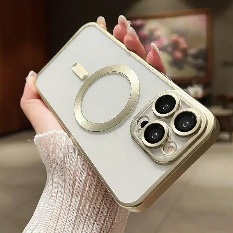 Luxury Matte Plating Frame Clear Case For IPhone 15 14 13 12 11 Pro Max Plus Magsafe Magnetic Wireless Charge Lens Protect Cover