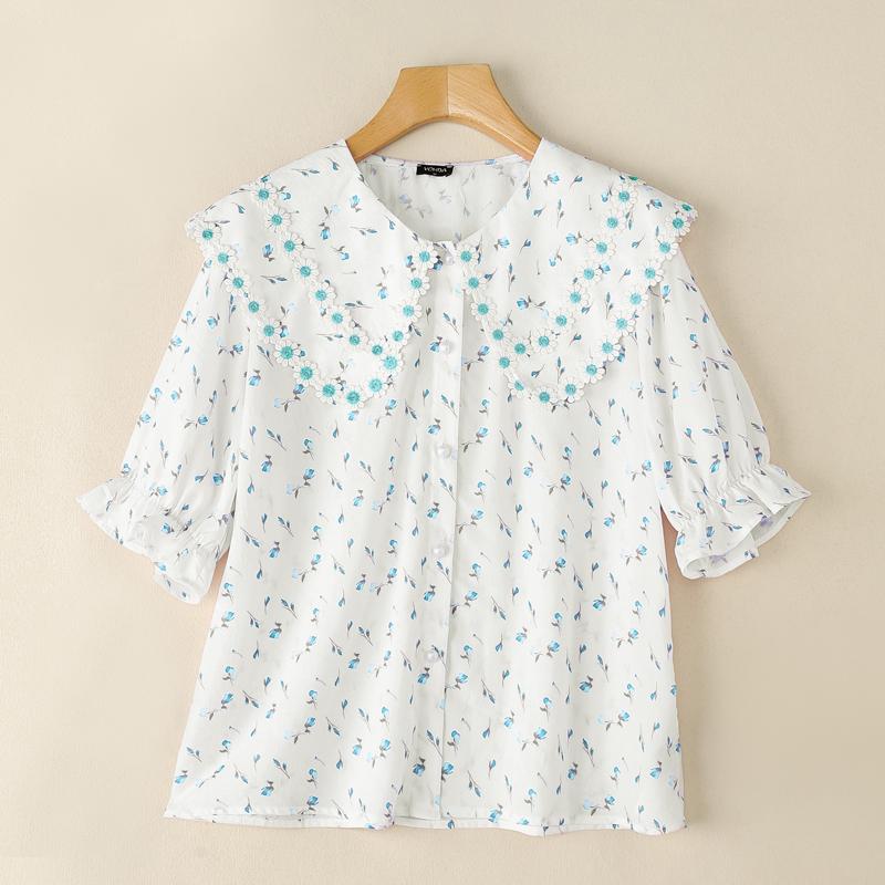 VONDA Damen Sommer Puffärmel Stickerei Saum Blumendruck Lässige Bluse