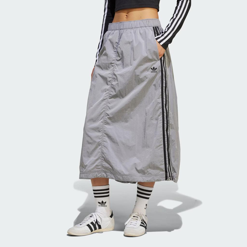 adidas Originals Adicolor Midi Woven Nylon Skirt With Brand Logo Three Stripes Sports Elastic Casual Long Skirt Women Skirts Ice-Grey JD2582