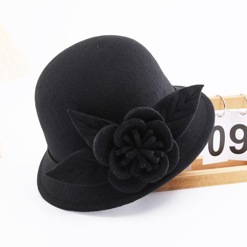 Hat Women's autumn and winter woolen hat British retro bowler hat Elegant and fashionable flower fashion hat Felt hat Trendy and casual