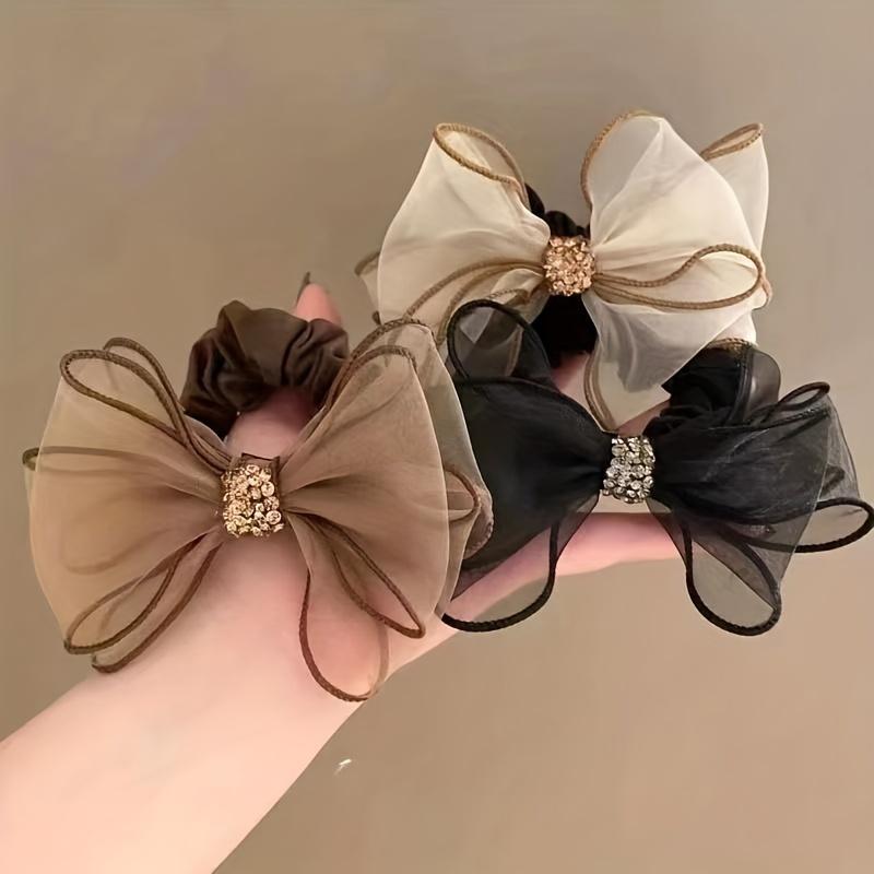 3Pcs Elegant Vintage Rhinestone Bow Headband - High Elastic Ladies Headwear, Mesh and Fabric Design