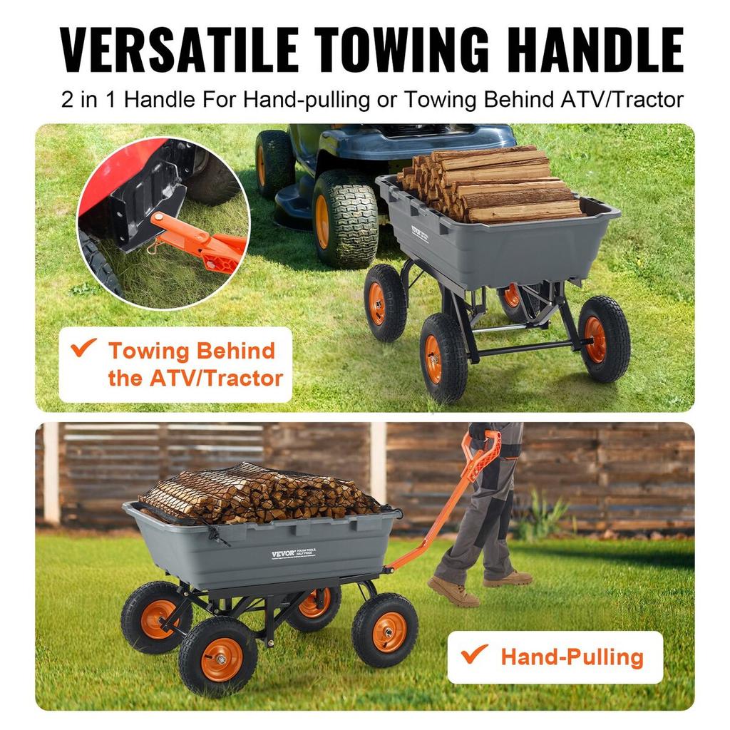 Poly Garden Dump Cart Heavy-duty Yard Carts and Wagons 1500 lbs 13" Tires