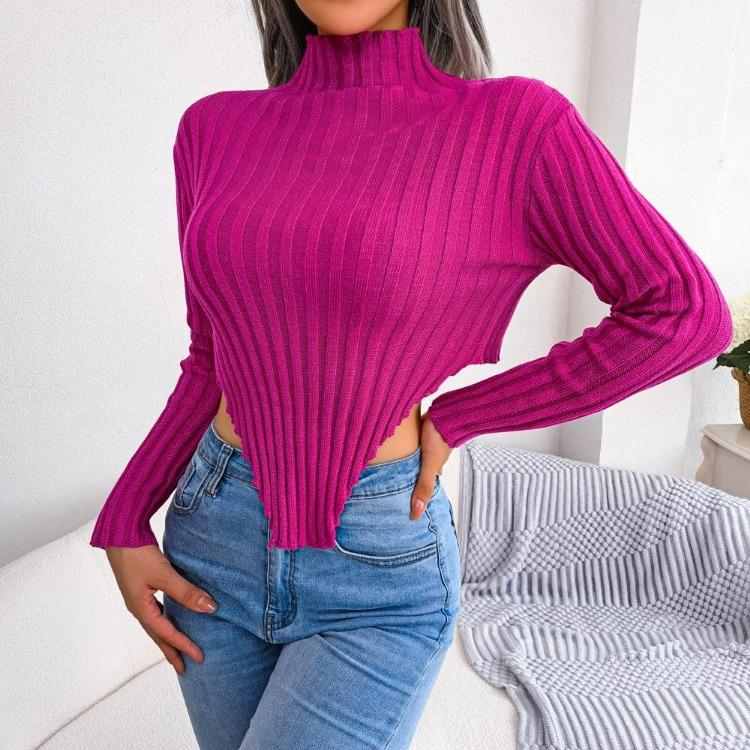 Sexy Women Asymmetrical Knit Sweater Long Sleeve Half High Collar Undercoat Autumn Winter