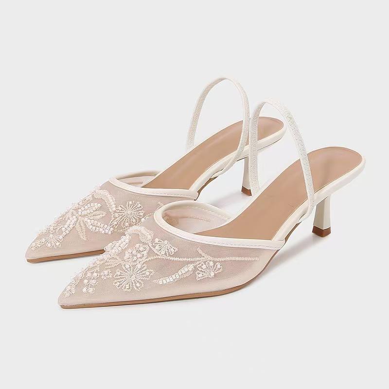 

Summer new embroidered mesh beautiful high heels women s skirt not tired feet thin heels fashion bag head slippers 41